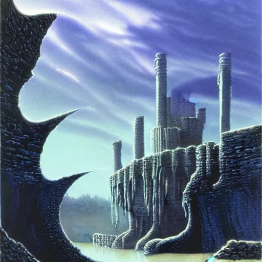 Prompt: ominous shale and polished steel fortress half - submerged in the sipsey river, by michael whelan and angus mcbride and ted nasmith, 3 2 k huhd