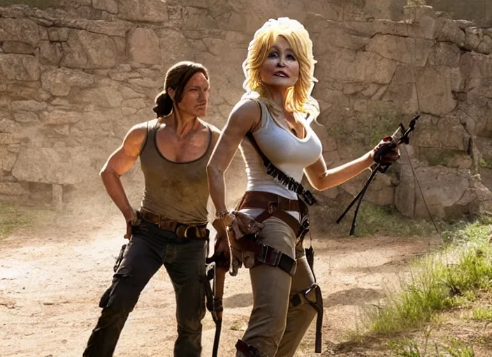 Image similar to film still of!!!! dolly parton!!! as lara croft in new tomb raider movie, 8 k