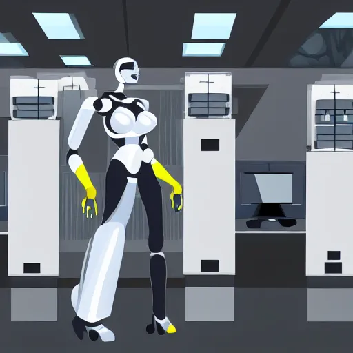 Prompt: A robot woman guarding a wall of computers