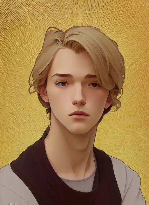 Prompt: pretty young man with shoulder length shiny shimmering golden blond hair, path traced, highly detailed, high quality, digital painting, by studio ghibli and alphonse mucha, leesha hannigan, makoto shinkai, disney