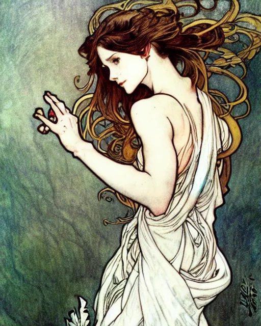 Image similar to in the style of artgerm, arthur rackham, alphonse mucha, evan rachel wood, flowing white dress