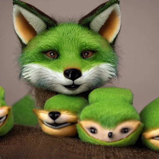 Prompt: A fanatsy world photo of a smiling green fox giving birth to three youngsters, 4k