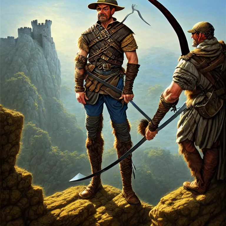 Image similar to middle age ranger with rugged expresions falcon pet on his sholder holding a long sword, top a cliff observing old ruins of a castle, elegant clothing, photorealistic render, matte patining, highly detailed, artstation, smooth, sharp focus, art by michael whelan, artgerm, greg rutkowski