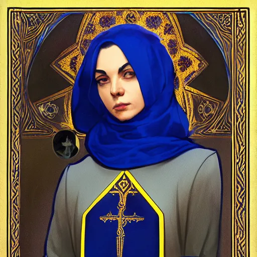 Image similar to portrait of a middle - eastern female cleric with straight black hair wearing blue and yellow vestments, fantasy, highly detailed, digital painting, artstation, concept art, character art, art by greg rutkowski and tyler jacobson and alphonse mucha