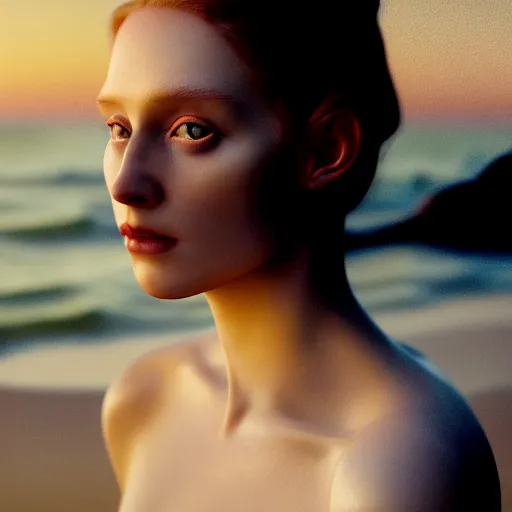 Image similar to photographic portrait of a stunningly beautiful english renaissance female in soft dreamy light at sunset, beside the sea, soft focus, contemporary fashion shoot, in a denis villeneuve movie, by edward robert hughes, annie leibovitz and steve mccurry, david lazar, jimmy nelsson, extremely detailed, breathtaking, hyperrealistic, perfect face, octane render