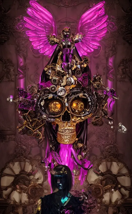 Prompt: a 3d Letter A with a large glowing pink crystal in the center, bronze cyberpunk style statue, mechanical flowers, flowing magenta silk, fabric, steampunk flowers. baroque elements, human skull. full-length view. baroque element. intricate artwork by caravaggio. many flying horses on background. Trending on artstation, octane render, cinematic lighting from the right, hyper realism, octane render, 8k, depth of field, 3D