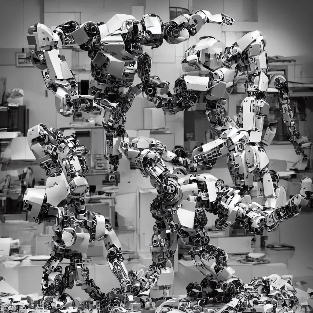 Prompt: a pathetic robot building another pathetic robot building another pathetic robot until infinity in an award winning inspirational jaw dropping photo