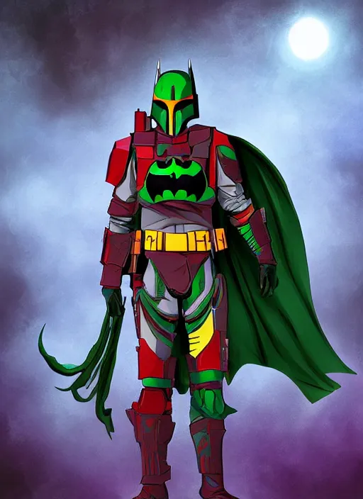 Image similar to batman x boba fett, digital art, character mashup, epic lighting, combination art