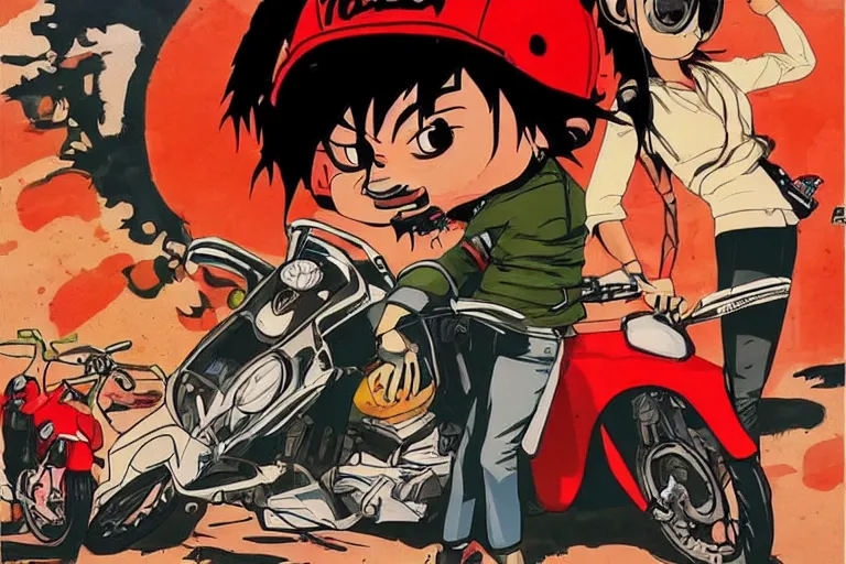 Image similar to italian pizza, akira's motorcycle, gorillaz, poster, high quality