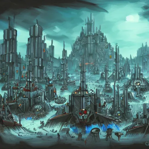 Prompt: warhammer 40k art style city concept