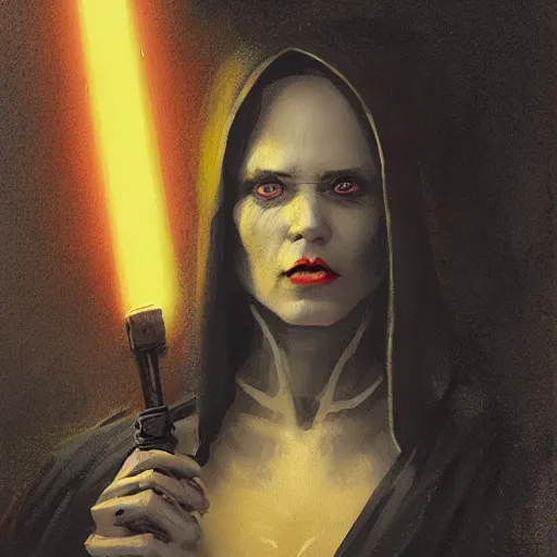 Image similar to portrait of a woman by greg rutkowski, a woman with yellow skin, black lips wearing black robes and a hodd, evil energy, star wars expanded universe, she is about 6 0 years old, highly detailed portrait, digital painting, artstation, concept art, smooth, sharp foccus ilustration, artstation hq