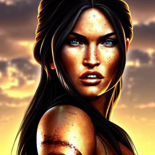 Image similar to megan fox as lara croft, hyper detailed masterpiece, digital art painting, hyper realism aesthetic