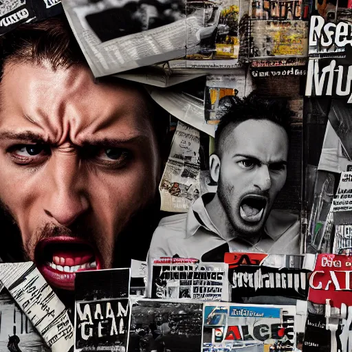 Image similar to a professional photographic collage made of ripped magazines of a young angry man furious in the middle of street, high definition, highly detailed, photo-realistic, unreal engine render, 16k