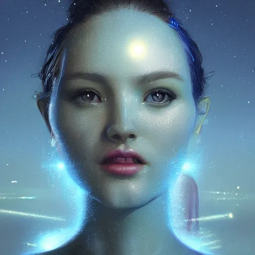 Prompt: 3 d, sci - fi, close - up, night, smiling fashion model face, moon rays, cinematic, clouds, sun rays, vogue cover style, poster art, blue mood, realistic painting, intricate oil painting, high detail illustration, figurative art, multiple exposure, poster art, 3 d, by tooth wu and wlop and beeple and greg rutkowski