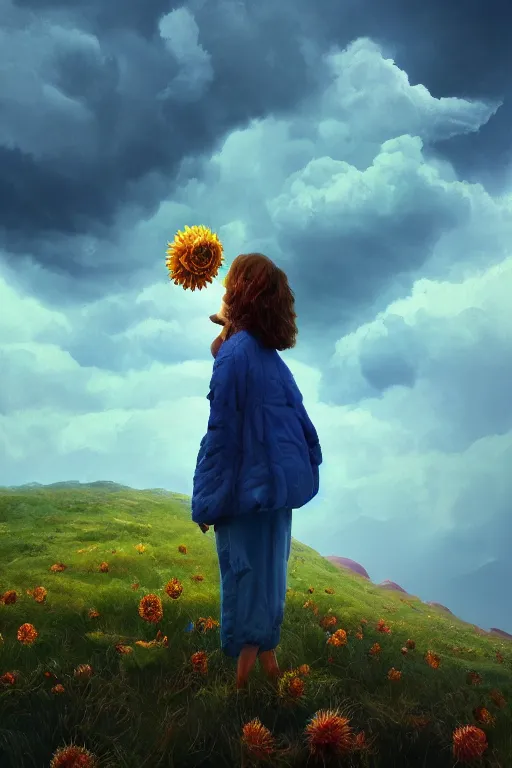 Image similar to closeup perspective, giant dahlia flower as head, girl standing on mountain, surreal photography, blue storm clouds, dramatic light, impressionist painting, digital painting, artstation, simon stalenhag