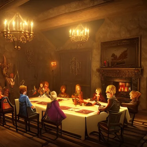 Image similar to the inside of a feywild mansion, with several people sitting around a long dinner table, in front of a fireplace, muted wallpaper, dungeons and dragons, 4 k, highly detailed