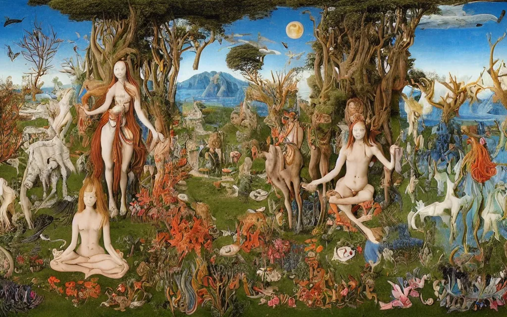 Prompt: a photograph of a meditating centaur shaman and a harpy mermaid feeding animals. surrounded by bulbous flowers, animals and a few trees. river delta with mountains and cliffs under a blue sky full of burning stars and birds. painted by jan van eyck, max ernst, ernst haeckel, ernst fuchs and artgerm. trending on artstation