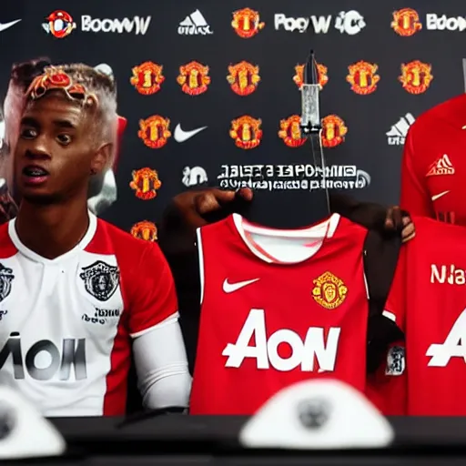 Prompt: BBC Sports photograph of a Manchester United press conference introducing their new signing, a ghost