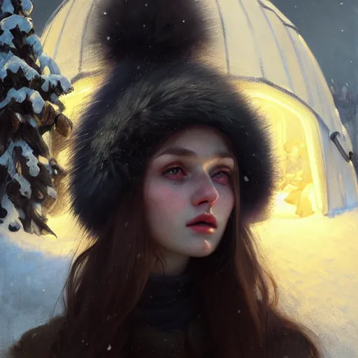 Image similar to young angry woman, beautiful girl, full body, cossak hat, in an igloo, realistic, serov, surikov, vasnetsov, repin, kramskoi, insanely detailed, charlie bowater, tom bagshaw, high resolution, octane rendered, unreal engine, illustration, trending on artstation, masterpiece, 8 k