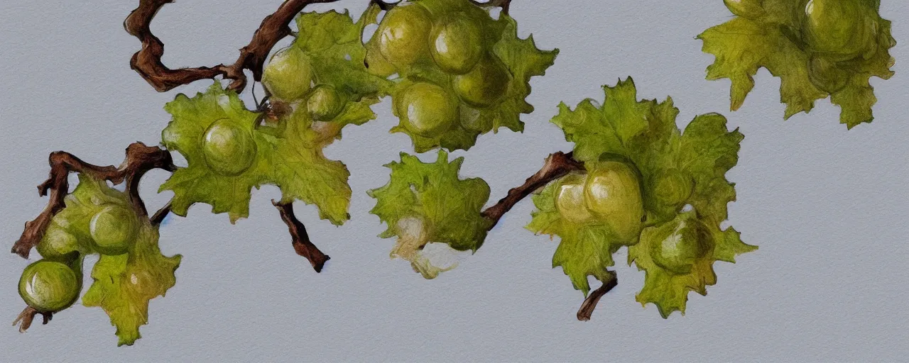 Prompt: white wine grapes and quercus robur english oak acorns, minimalist, highly detailed, digital painting, trending on artstation, concept art, sharp focus, illustration