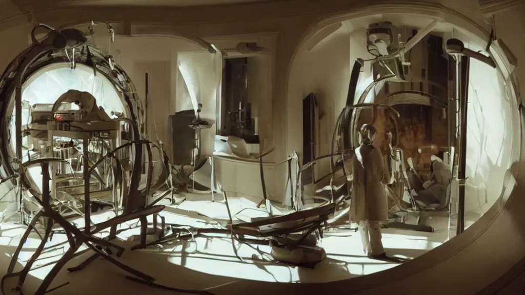 Image similar to an mri section of james cavell in the living room, film still from the movie directed by denis villeneuve with art direction by salvador dali, wide lens