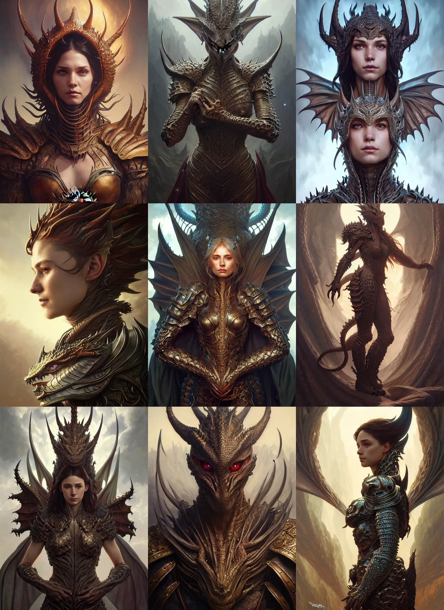 Prompt: portrait and fullbody painting of a human wearing dragon armor, ultra realistic, concept art, intricate details, eerie, highly detailed, photorealistic, octane render, 8 k, unreal engine. art by artgerm and greg rutkowski and charlie bowater and magali villeneuve and alphonse mucha