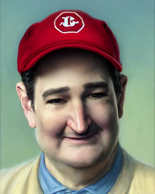 Image similar to closeup portrait of whimsical conniving ted cruz wearing a red baseball cap speaking at a convention, court jester in renaissance era, masterpiece, by donato giancola and greg rutkowski and wayne barlow and zdzisław beksinski, high contrast, realistic face