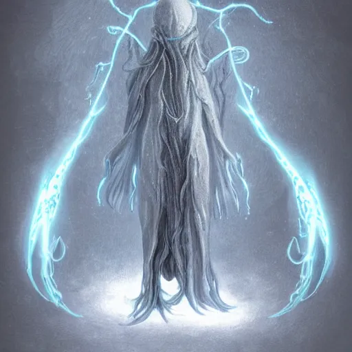 Image similar to concept designs for an ethereal ghostly wraith like figure with a squid like parasite latched onto its head and long tentacle arms that flow lazily but gracefully at its sides like a cloak while it floats around a frozen rocky tundra in the snow searching for lost souls and that hides amongst the shadows in the trees, this character has hydrokinesis and electrokinesis for the resident evil village video game franchise with inspiration from the franchise Bloodborne and the mind flayer from stranger things on netflix