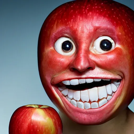 Image similar to happiest apple in the world, human face apple with wide grin, photograph