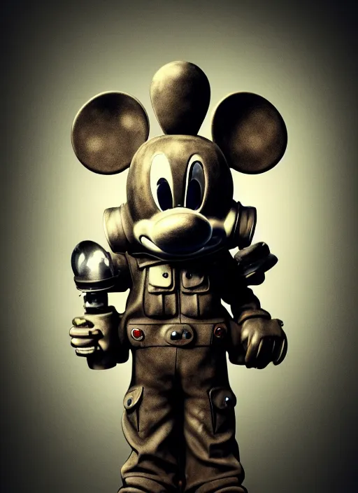 Prompt: 1 9 4 5 wartime mickey mouse head, gas mask, automotive, flower pop, porcelain, fractal, leathery, wet, broken, melting, rococo, mycelium, baroque, sumerian, radiant alien, magic kingdom, octane render, high detail