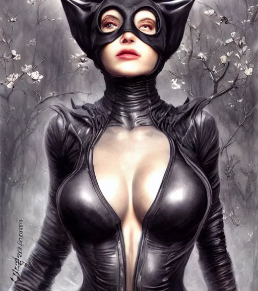 Prompt: beautiful catwoman, beautiful gorgeous, photo realistic, 8 k, epic, ultra detailed, by gustave dore, by marco turini, by artgerm, deviantart in the style of tom bagshaw, cedric peyravernay, peter mohrbacher by william - adolphe bouguereau, by frank frazetta, symetrical features, joyful