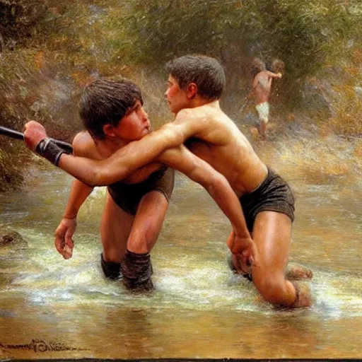 Prompt: young warriors wrestling by a river, playful, male, muscular, detailed face, gorgeous, amazing, muscular, intricate, highly detailed, painting by Gaston Bussiere, Craig Mullins