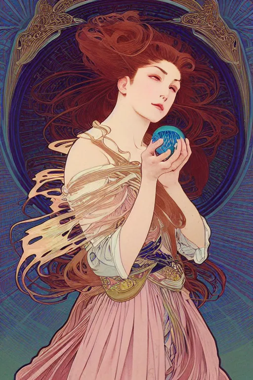 Image similar to beautiful portrait digital painting of a female holding an orb, blush, pleated skirt, flowing hair, slim face, elegant, alphonse mucha, by yoichi hatakenaka, masamune shirow, josan gonzales and dan mumford, ayami kojima, takato yamamoto, barclay shaw, karol bak, yukito kishiro