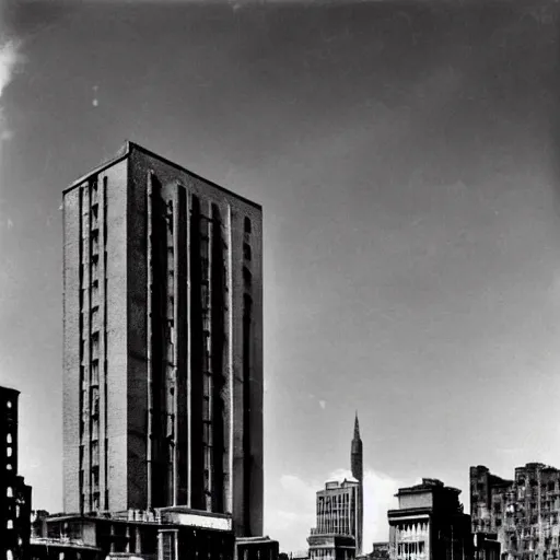 Prompt: A brutalist building an a dystopian new york city, demolished, art deco, photograph