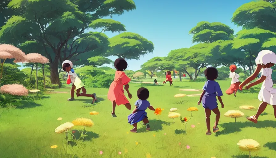 Prompt: african toddlers and white toddlers playing together city park with flowers, artstation, elegant, highly detailed, digital painting, concept art, smooth, sharp focus, illustration, art by studio ghibli, fujita goro, atey ghailan, tom whalen, jean giraud 8 k