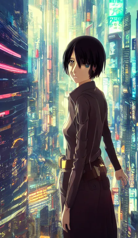 Image similar to anime fine details portrait of Mikasa Ackerman in front of cyberpunk modern city landscape on the background deep bokeh, close-up view, anime masterpiece by Studio Ghibli. 8k, sharp high quality anime, artstation