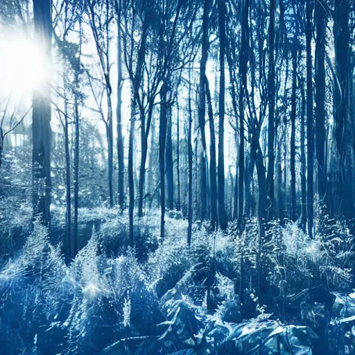 Image similar to cyberpunk forest with blue ice clouds in the sky