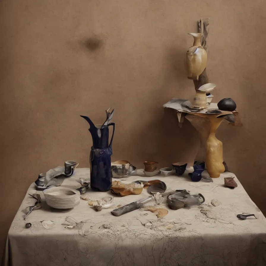 Prompt: beautiful studio photograph of a ceramics display with hans holbein portrait painted onto a tall angular stoneware vase with handles placed on a tablecloth on a wooden table, hyperrealism 8 k trending on artstation