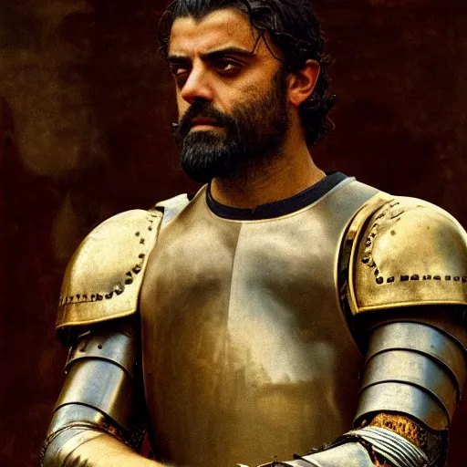 Image similar to renaissance painting of oscar isaac in armor playing achilles, ancient city in background, ultra detailed, movie poster, in the style of leonardo davinci