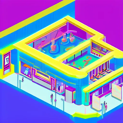 Image similar to art deco vaporwave illustration of a mall board game store in pastel and bright colors