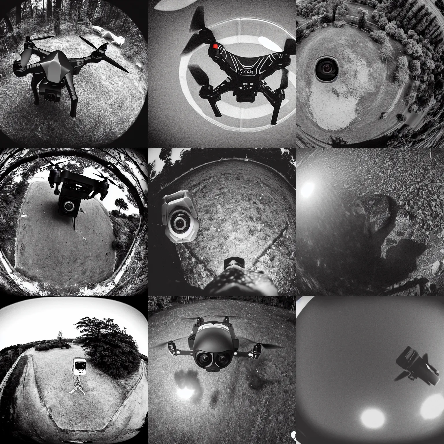 Prompt: drone view trailcam image of drunk Chief Keef, view from above, black and white, nightshot, fish eye lens, grainy