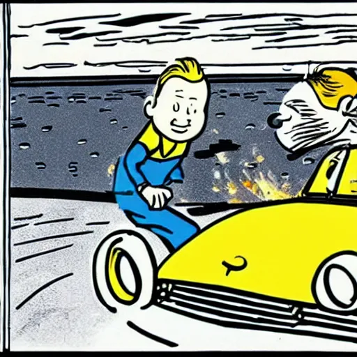 Prompt: tintin driving a sport car. by herge.