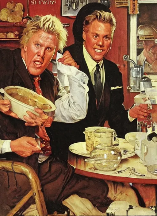 Prompt: gary busey spills his soup, by norman rockwell and tom lovell and frank schoonover and dean cornwell