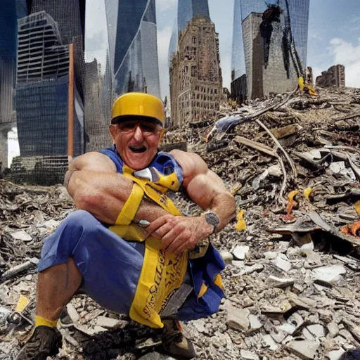 Image similar to a wide shot of a very drunk evil Rudy Giuliani squatting smiling wearing a yellow speedo on top of the world trade center rubble pile in new york