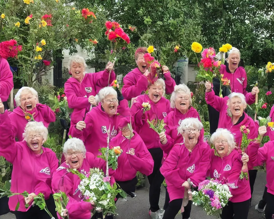 Image similar to a gang of old ladies waving flowers and large hammers, and wearing Umbro track suits laughing maniacally and screaming