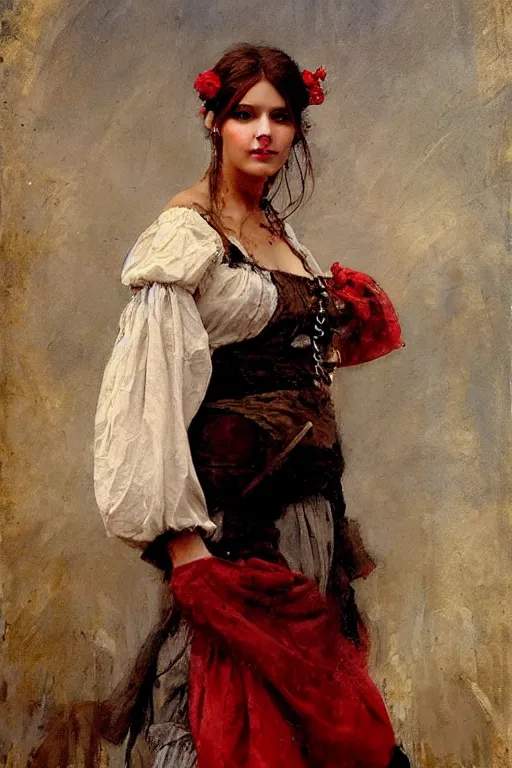 Image similar to Solomon Joseph Solomon and Richard Schmid and Jeremy Lipking victorian genre painting full length portrait painting of a young beautiful woman traditional german french pirate wench in fantasy costume, red background