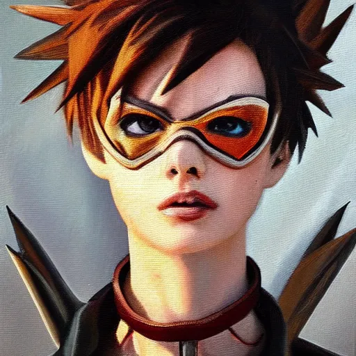 Prompt: oil painting of tracer overwatch in a field wearing spiked collar around neck, in style of peter kemp, expressive face, wearing choker with spikes, steel collar, detailed face, detailed eyes, full body, feminine face, tracer overwatch,