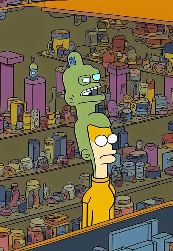 Prompt: a character from the show futurama in a shop, looking at camera, extremely detailed, sci - fi illustration, art by matt groening, futurama animation artstyle
