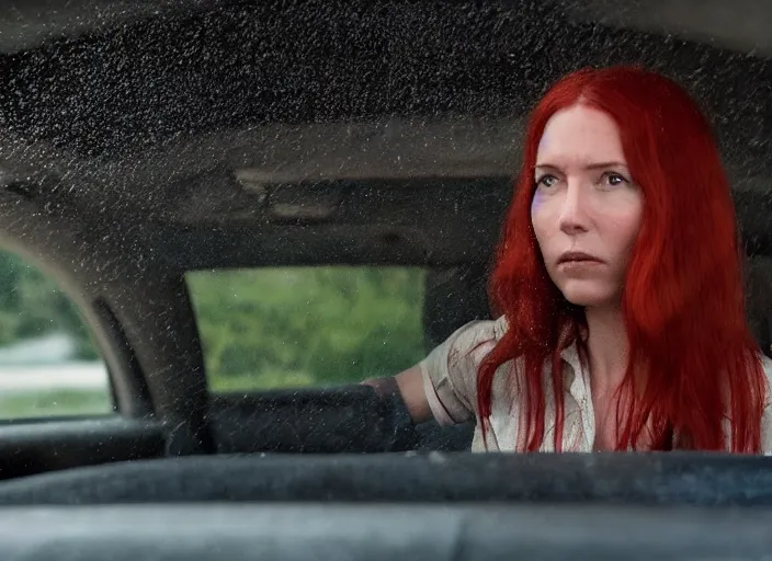 Prompt: A very high resolution image from a new movie, inside of a car, red hair woman, raining, hot, directed by wes anderson