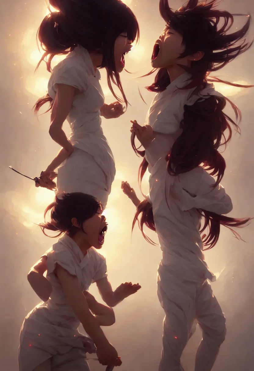 Image similar to beautiful render, futuristic cute japanese teenager screaming in anger and frustration, intricate, elegant, highly detailed, digital painting, artstation, concept art, smooth, sharp focus, octane render, dramatic lighting, art by artgerm and greg rutkowski and alphonse mucha and wlop